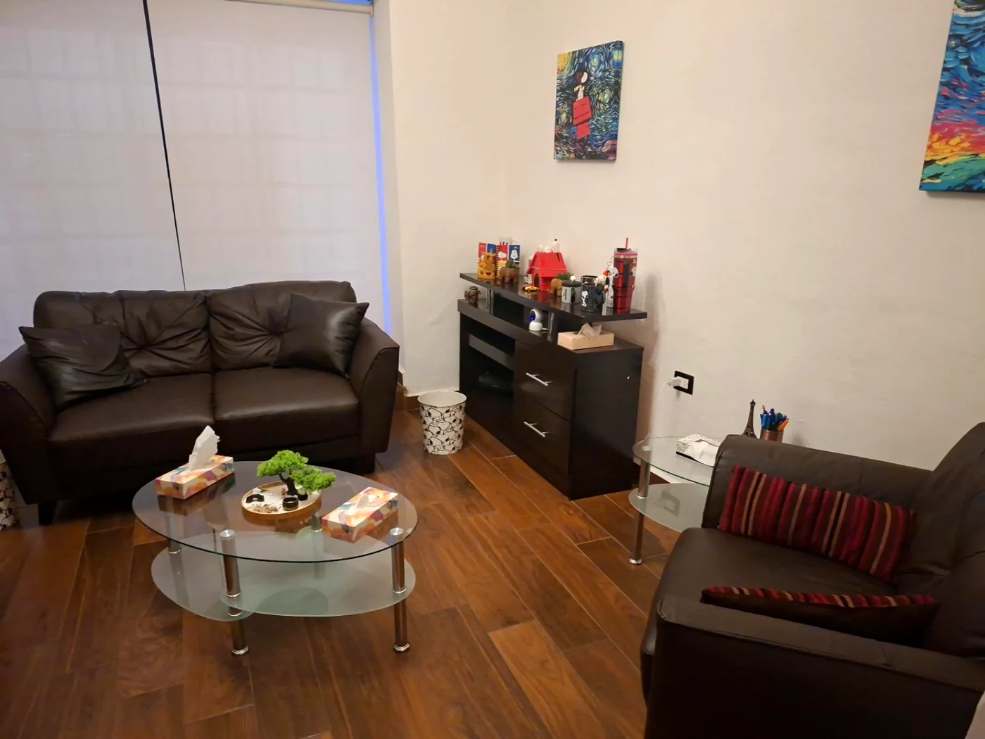 Otra vista del consultorio con sillón, sofá y muebles originales